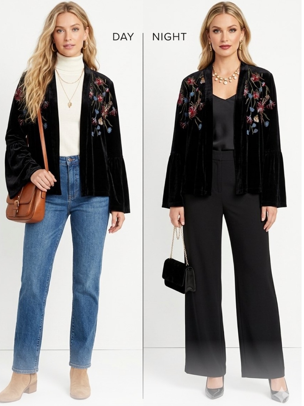 Mystree Black Velvet Embroidered Bell-Sleeve Cardigan with Floral Accents